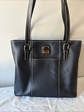 Dooney & Bourke Black Pebble Leather Shoulder Tote with Contrast Stitching